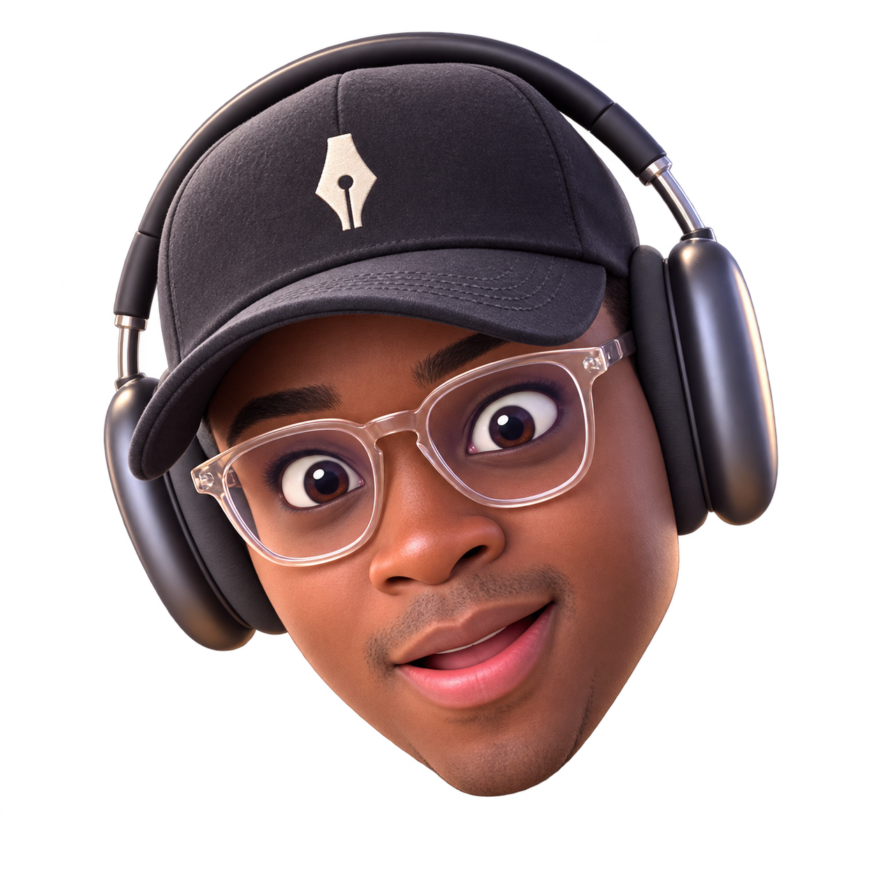 stylized portrait of moby wearing clear glasses, headphones and a cap with a pen-nib symbol